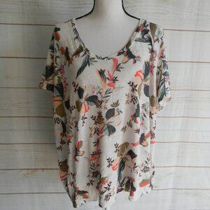 RACHEL ZOE FLORAL SHORT SLV 100% LINEN T-SHIRT TOP SZ 2X V-NECK